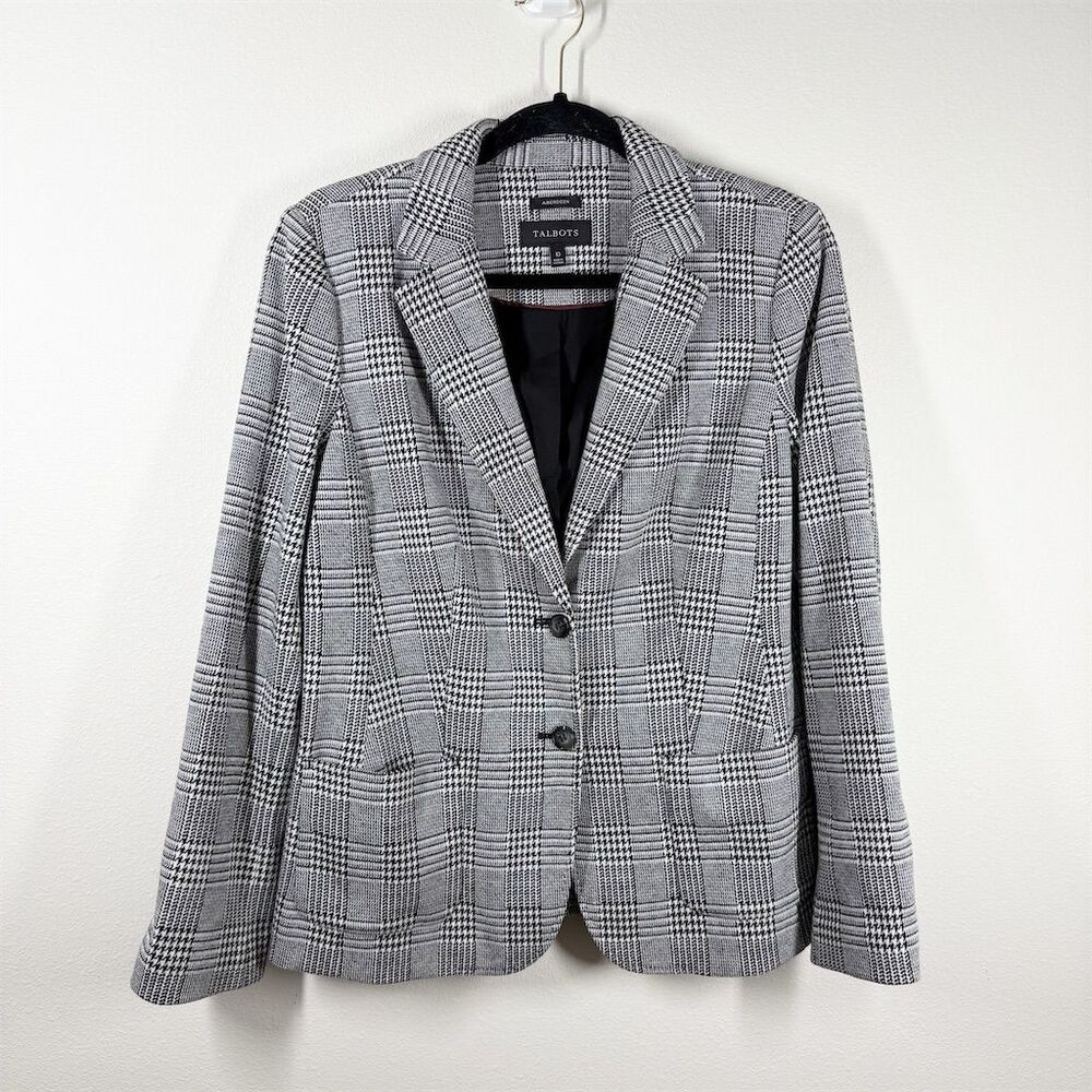 Talbots Aberdeen Knit Blazer Houndstooth Size 10 Glen Plaid Ponte Black White